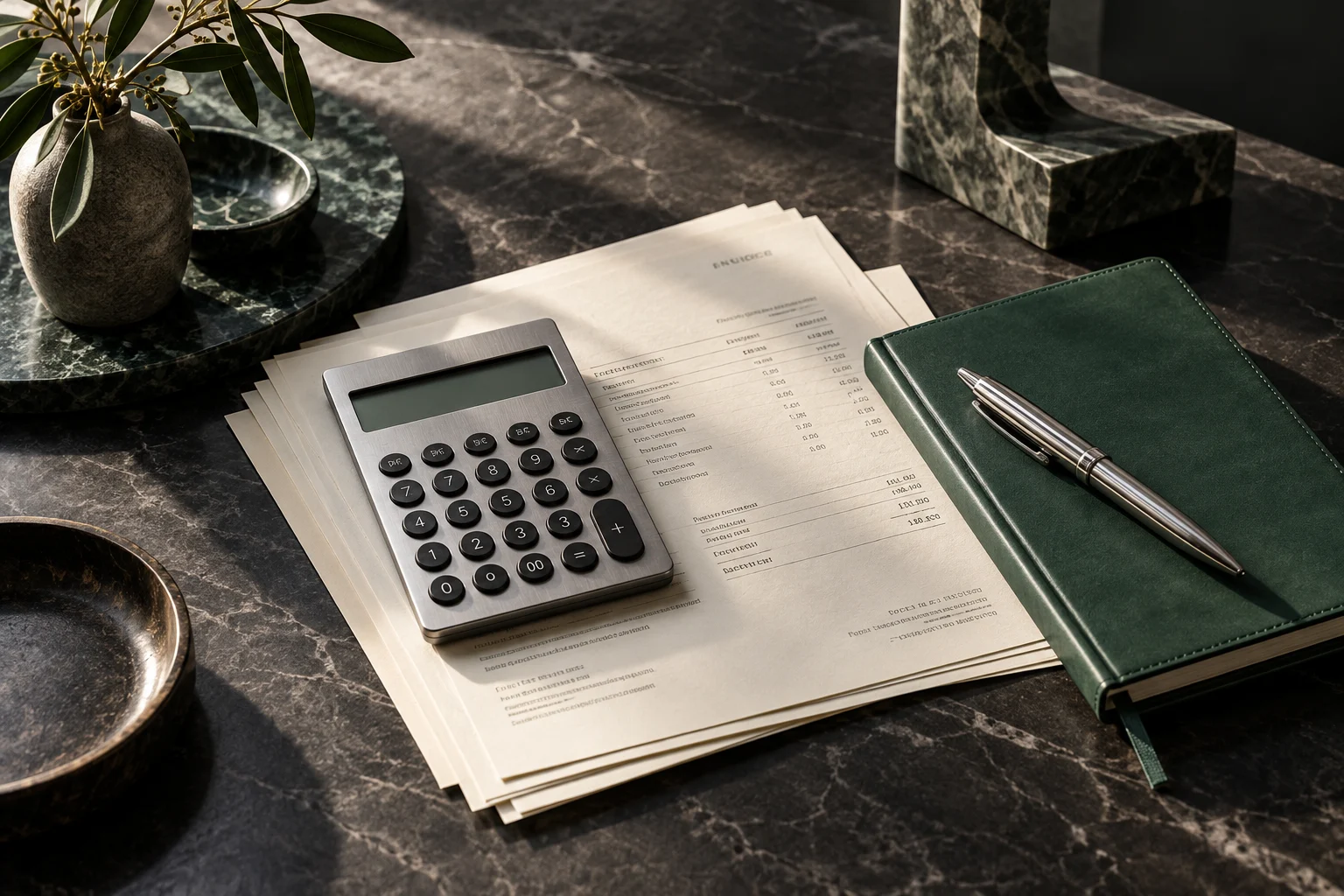 Organized invoices, calculator and ledger