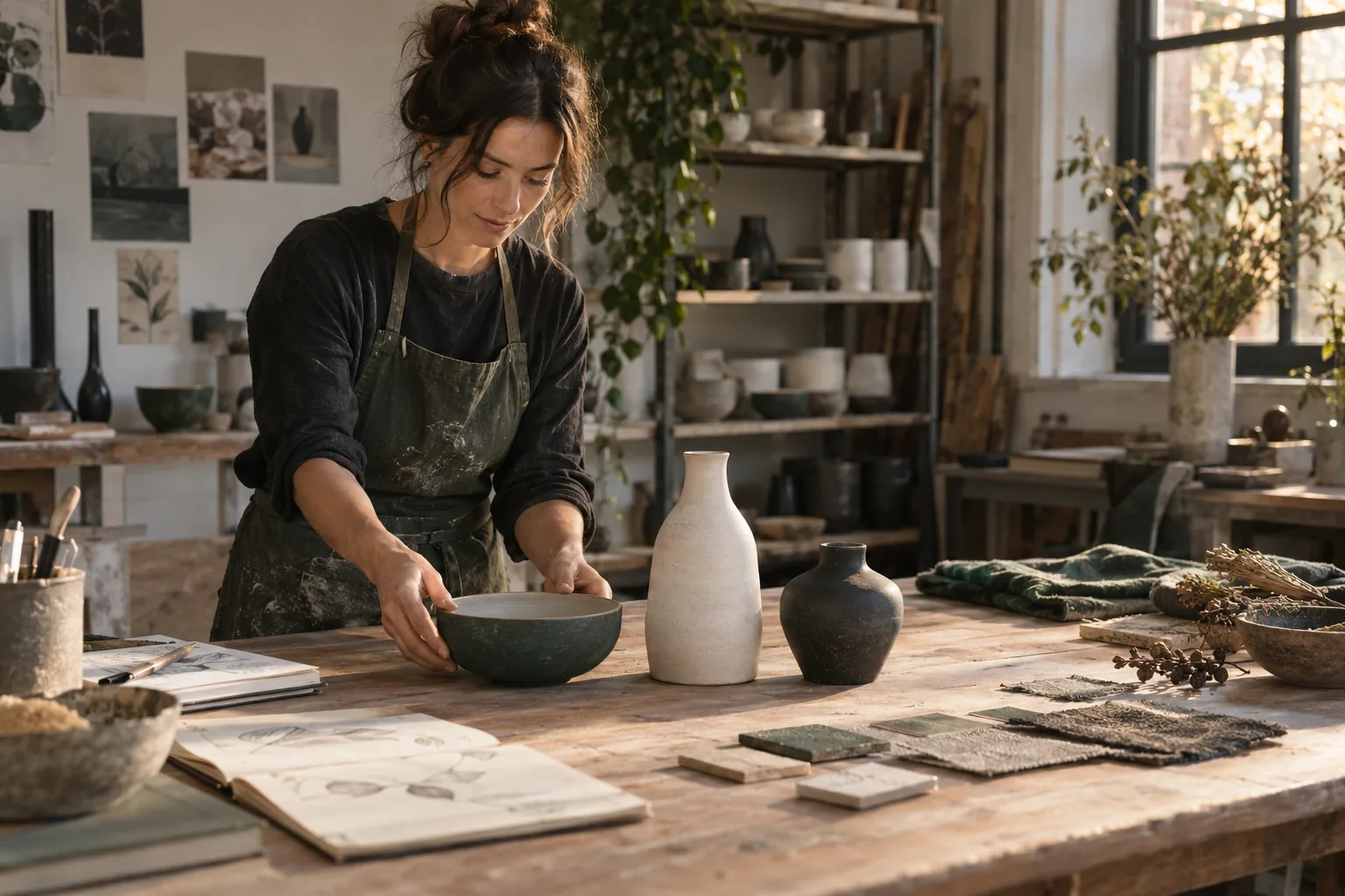 Ceramic maker arranging bowls and vases in her studio